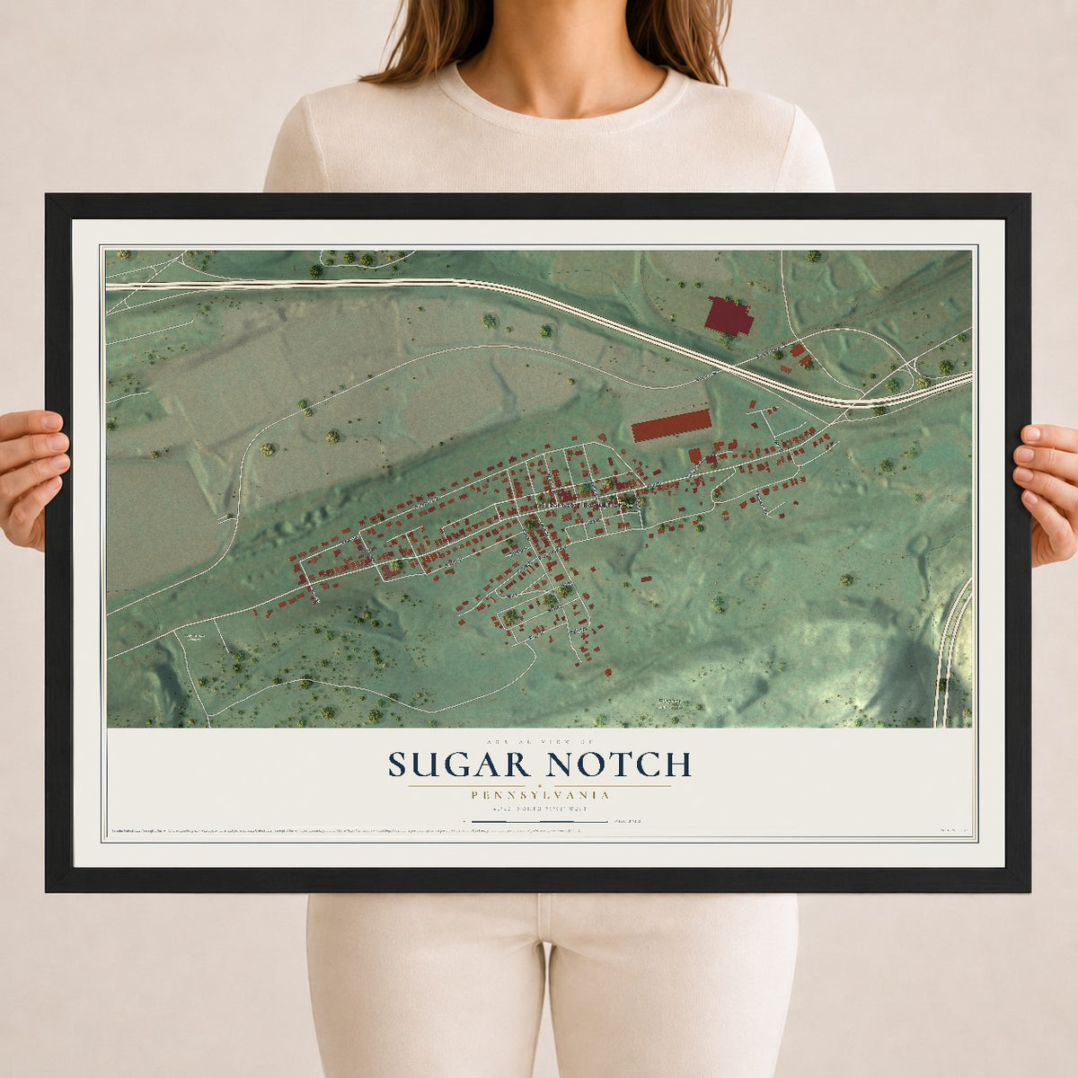 Map of Sugar Notch, Pennsylvania, 18 x 24 inch print in a black wood frame