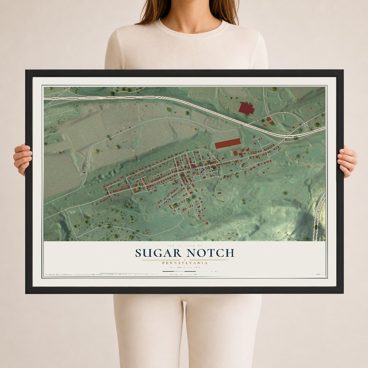 Map of Sugar Notch, Pennsylvania, 24 x 36 inch print in a black wood frame