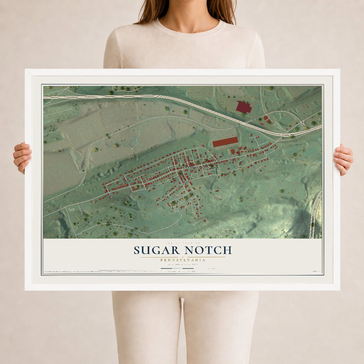 Map of Sugar Notch, Pennsylvania, 24 x 36 inch print in a white wood frame