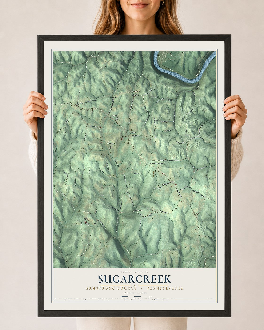 Map of Sugarcreek, Armstrong County, Pennsylvania, 24 x 36 inch print in a black wood frame