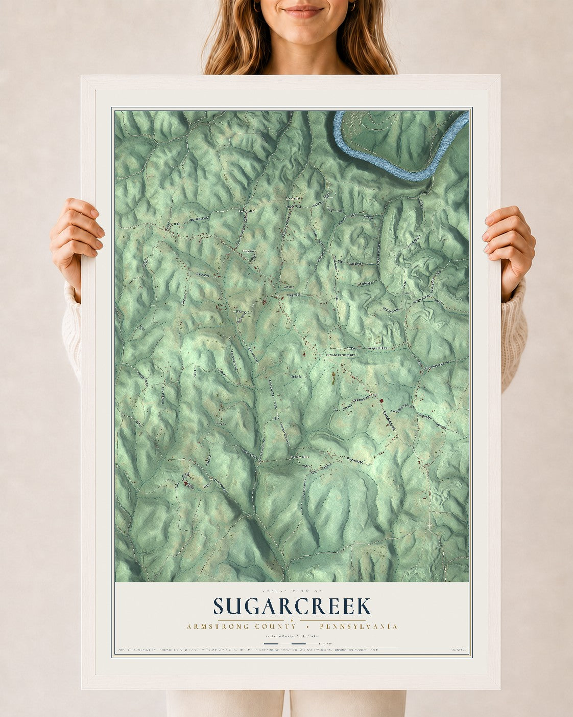 Map of Sugarcreek, Armstrong County, Pennsylvania, 24 x 36 inch print in a white wood frame