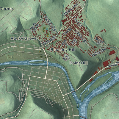 Close-up of the map of Sugarcreek, Venango County, Pennsylvania print showing street and building detail