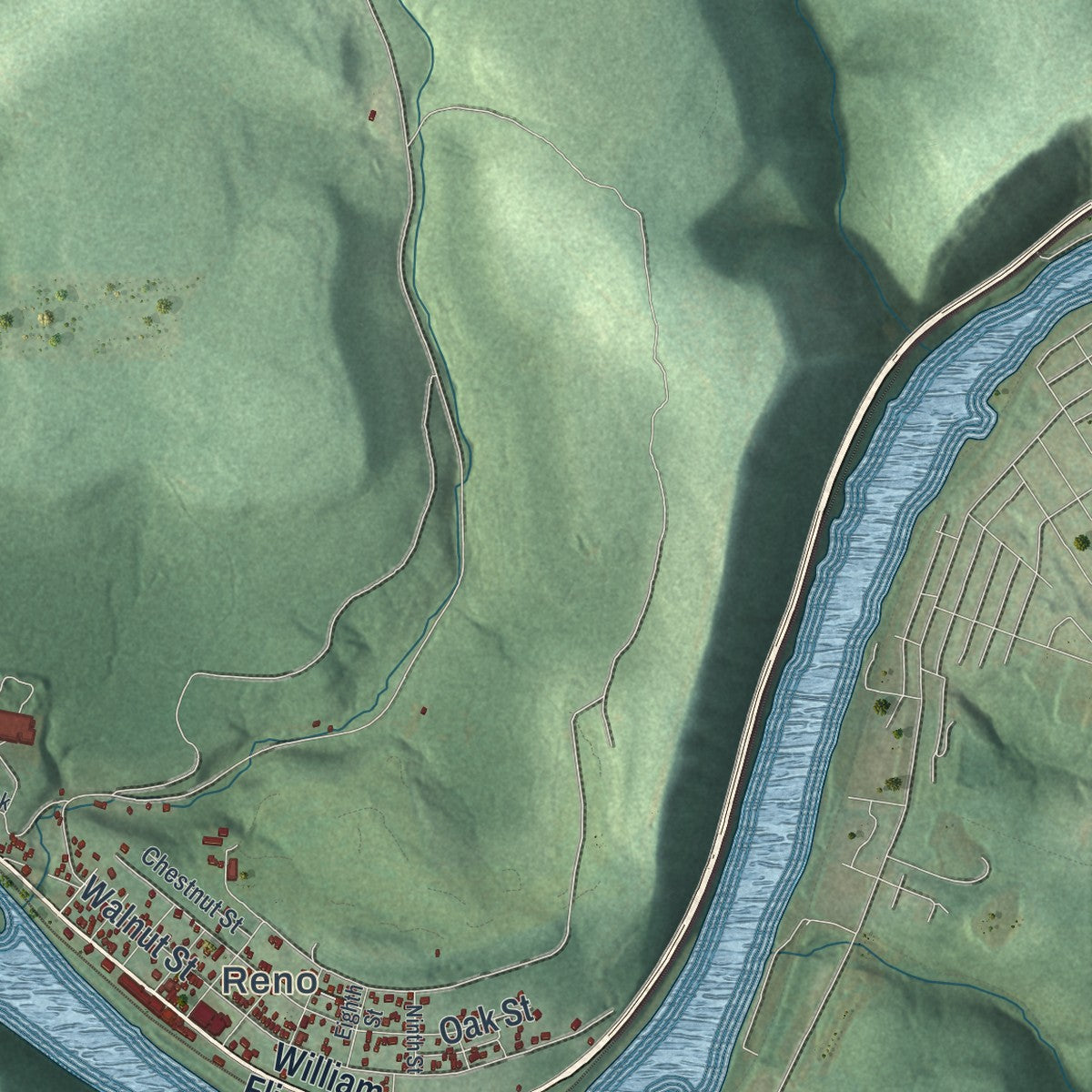Second close-up of the map of Sugarcreek, Venango County, Pennsylvania print showing more streets and buildings