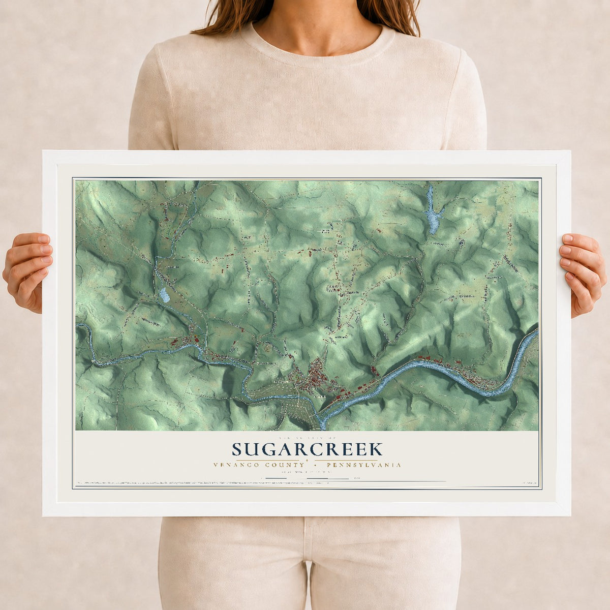 Map of Sugarcreek, Venango County, Pennsylvania, 12 x 18 inch print in a white wood frame