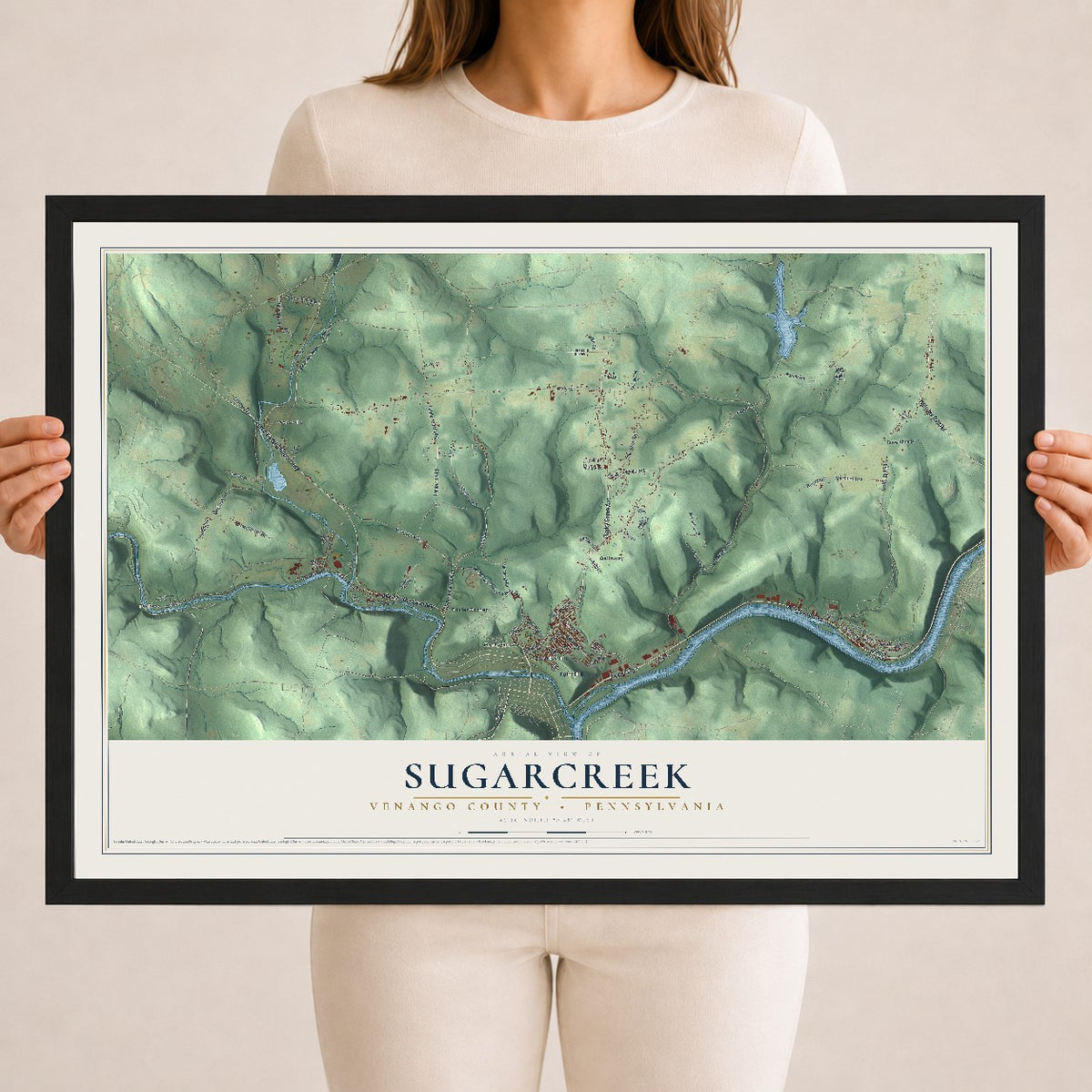 Map of Sugarcreek, Venango County, Pennsylvania, 18 x 24 inch print in a black wood frame