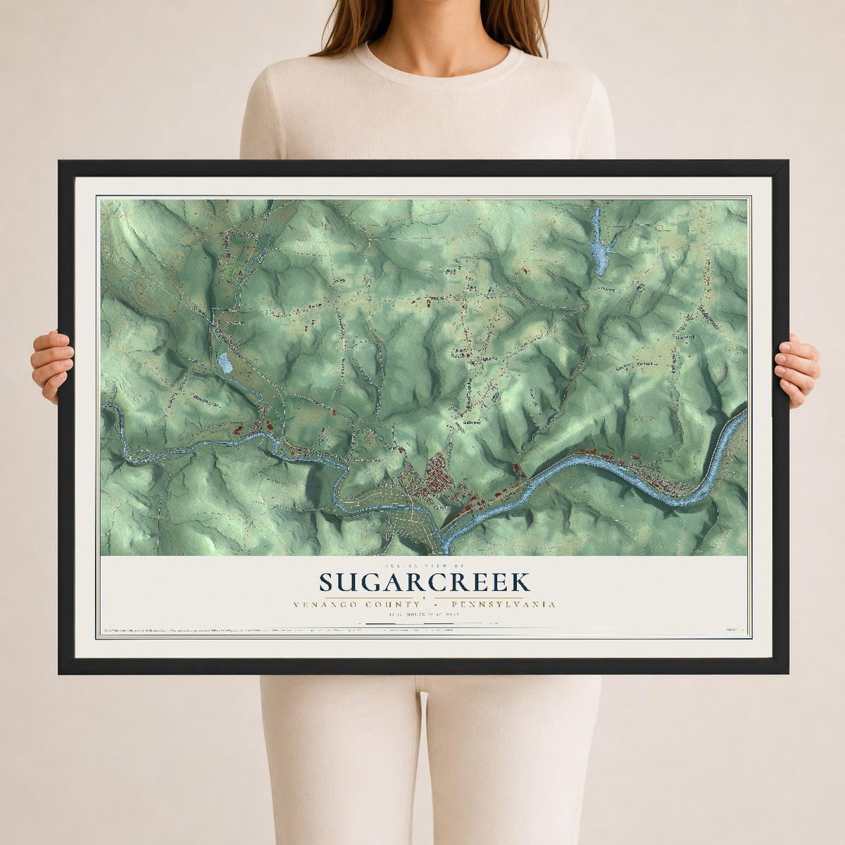 Map of Sugarcreek, Venango County, Pennsylvania, 24 x 36 inch print in a black wood frame
