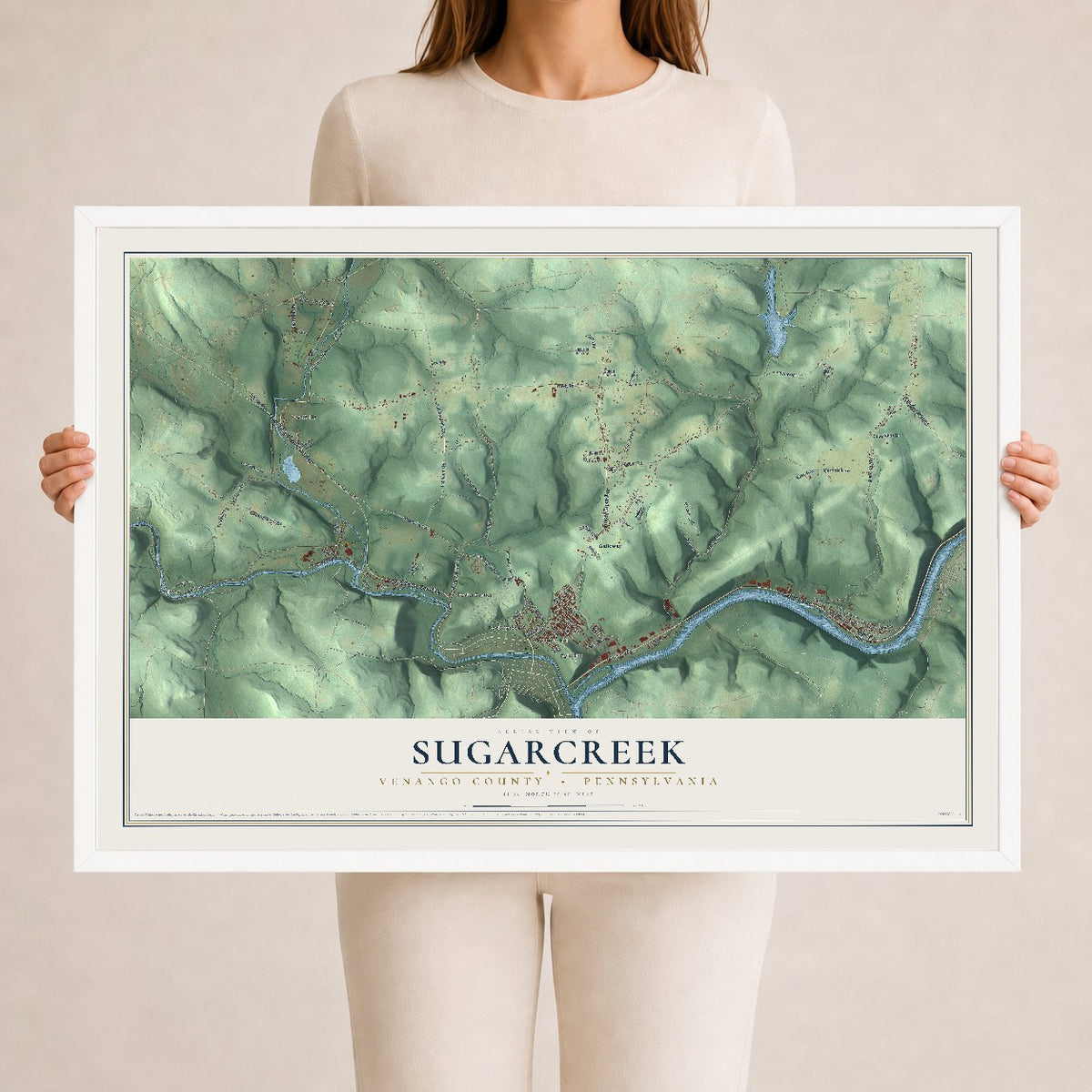 Map of Sugarcreek, Venango County, Pennsylvania, 24 x 36 inch print in a white wood frame