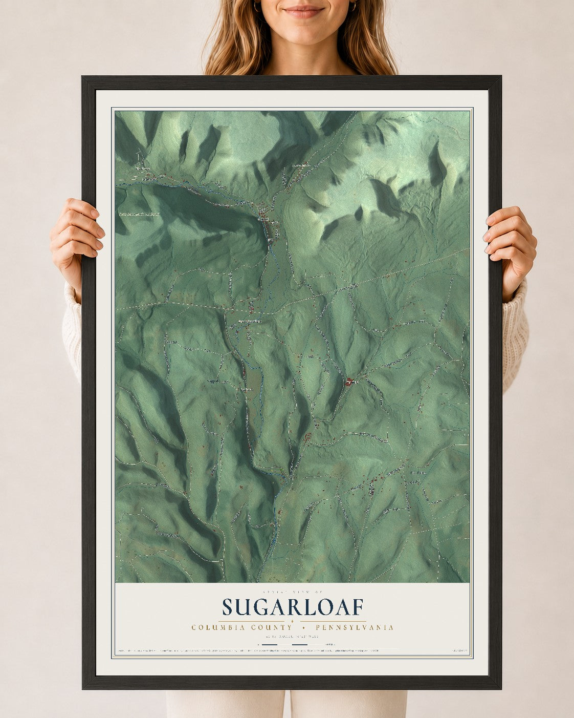 Map of Sugarloaf, Columbia County, Pennsylvania, 24 x 36 inch print in a black wood frame