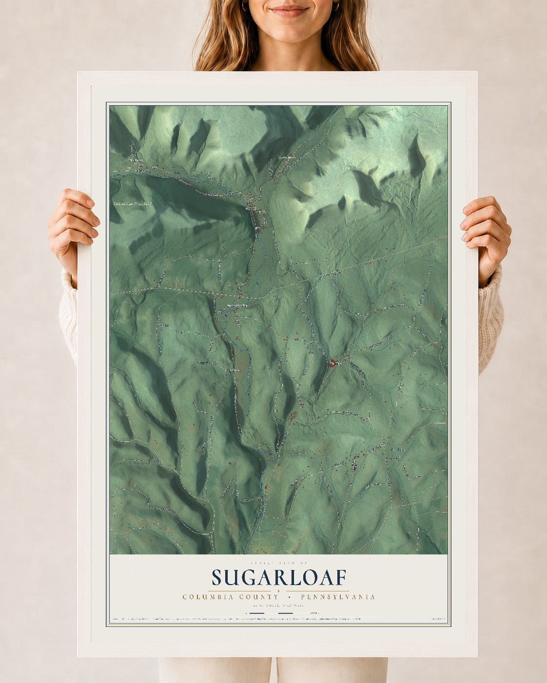 Map of Sugarloaf, Columbia County, Pennsylvania, 24 x 36 inch print in a white wood frame
