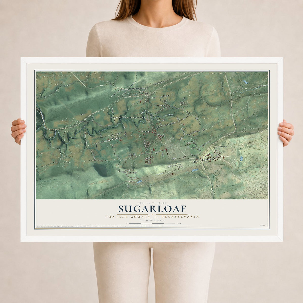 Map of Sugarloaf, Luzerne County, Pennsylvania, 24 x 36 inch print in a white wood frame