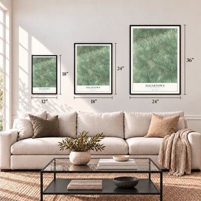 Sugartown, Pennsylvania map in 12 x 18, 18 x 24 and 24 x 36 inch sizes above a sofa