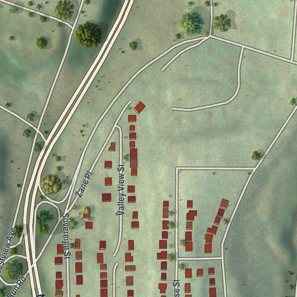 Second close-up of the map of Summer Hill, Pennsylvania print showing more streets and buildings