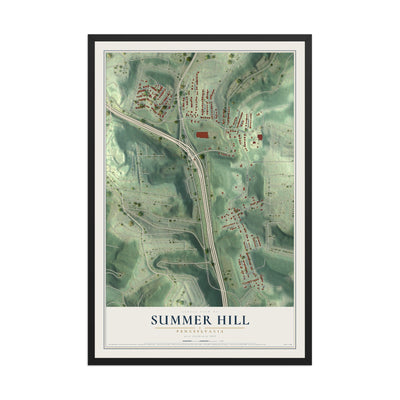 Map of Summer Hill, Pennsylvania, 12 x 18 inch print in a black wood frame