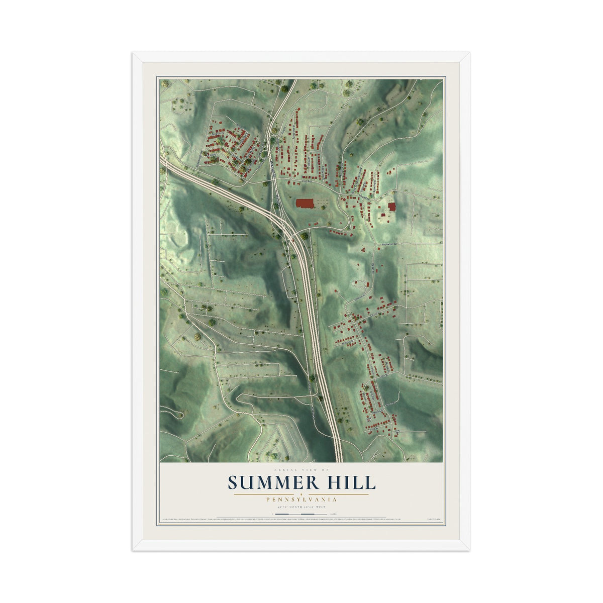 Map of Summer Hill, Pennsylvania, 12 x 18 inch print in a white wood frame