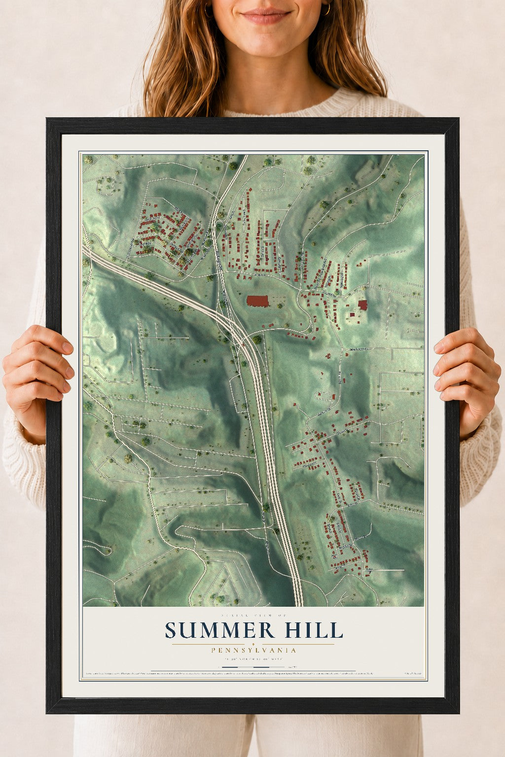 Map of Summer Hill, Pennsylvania, 18 x 24 inch print in a black wood frame