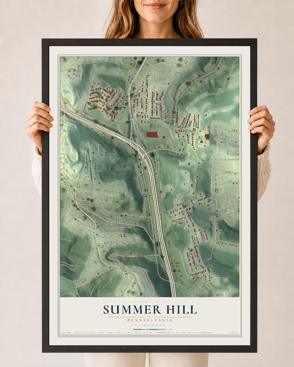 Map of Summer Hill, Pennsylvania, 24 x 36 inch print in a black wood frame