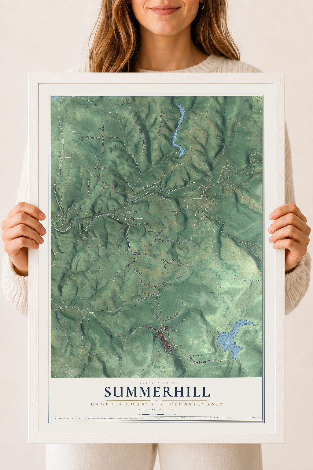 Map of Summerhill, Cambria County, Pennsylvania, 18 x 24 inch print in a white wood frame