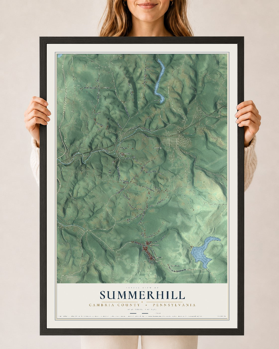 Map of Summerhill, Cambria County, Pennsylvania, 24 x 36 inch print in a black wood frame
