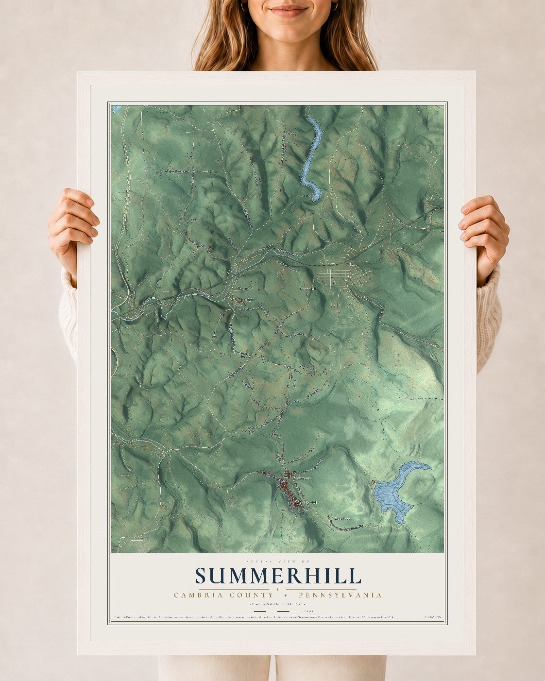 Map of Summerhill, Cambria County, Pennsylvania, 24 x 36 inch print in a white wood frame