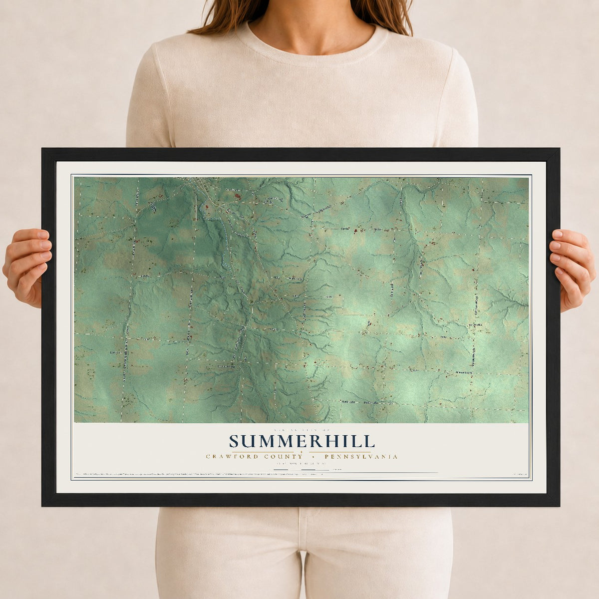 Map of Summerhill, Crawford County, Pennsylvania, 12 x 18 inch print in a black wood frame