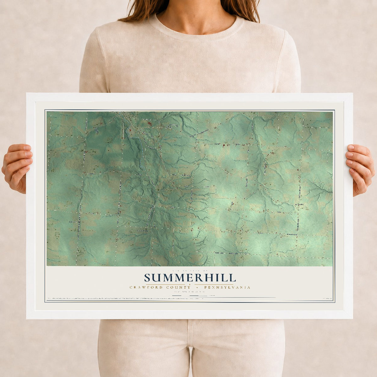 Map of Summerhill, Crawford County, Pennsylvania, 12 x 18 inch print in a white wood frame