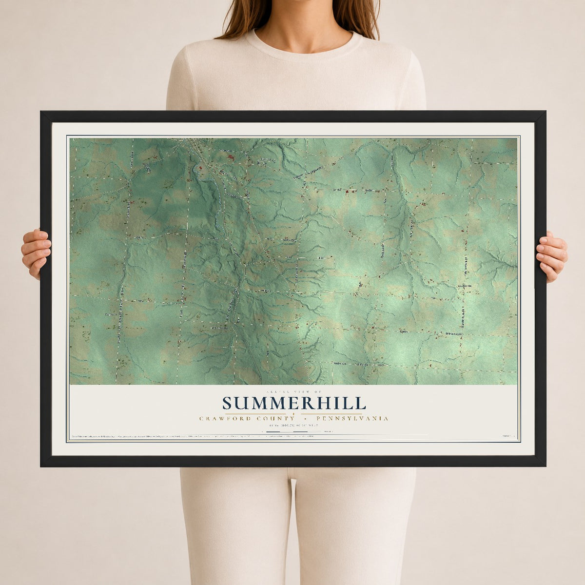 Map of Summerhill, Crawford County, Pennsylvania, 24 x 36 inch print in a black wood frame