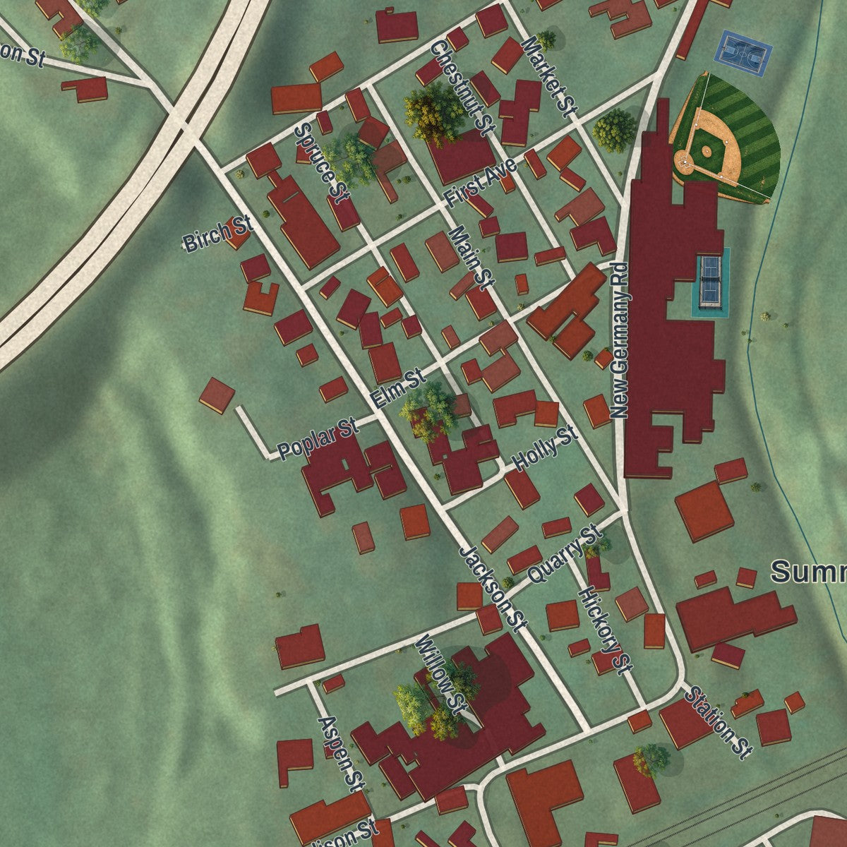 Close-up of the map of the Borough of Summerhill, Cambria County, Pennsylvania print showing street and building detail