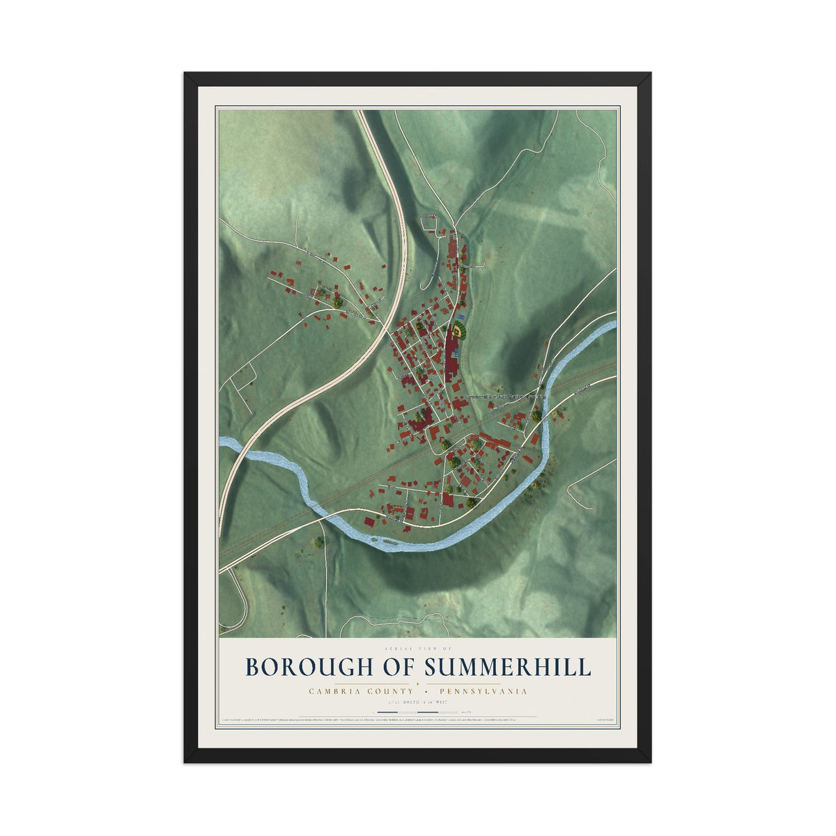 Map of the Borough of Summerhill, Cambria County, Pennsylvania, 12 x 18 inch print in a black wood frame