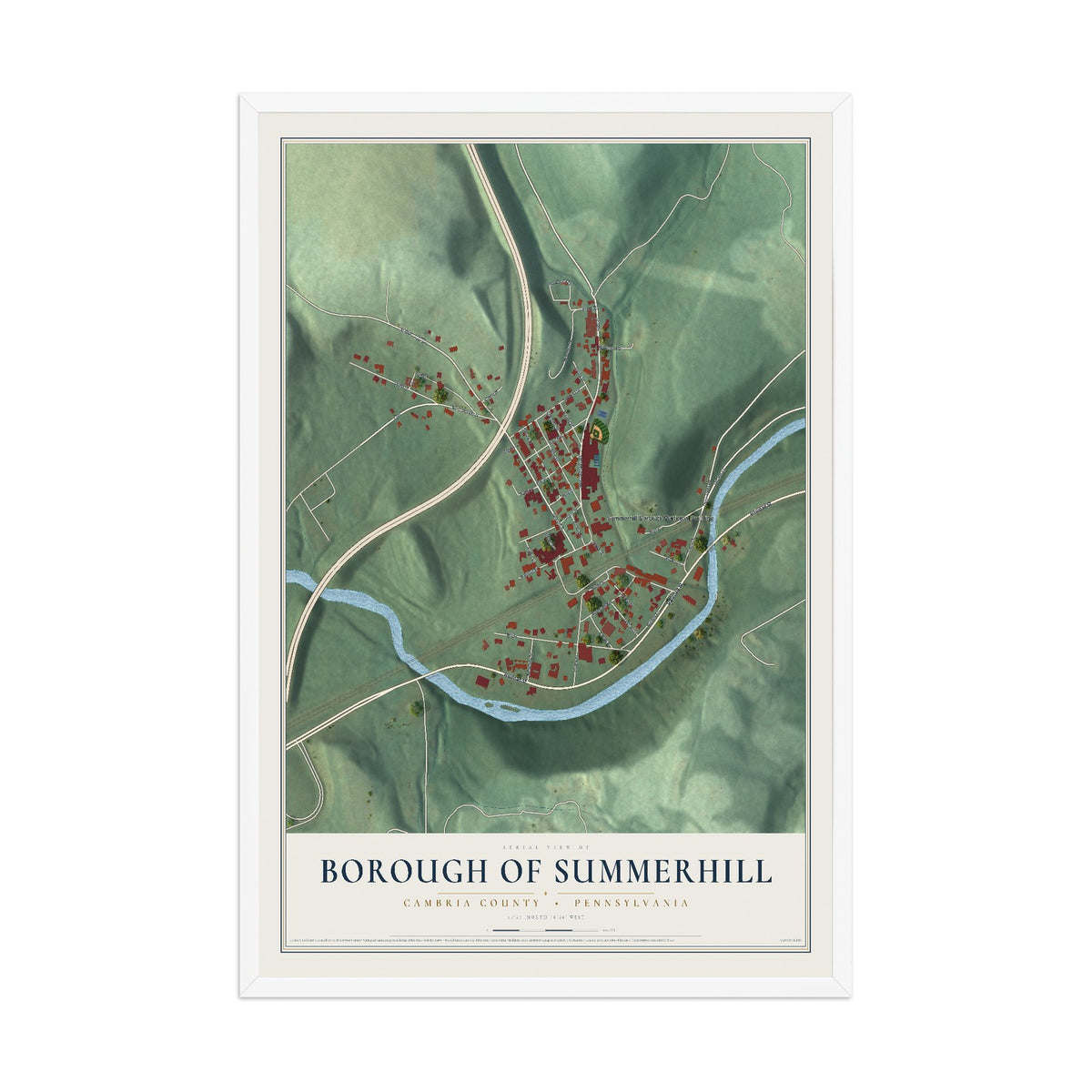 Map of the Borough of Summerhill, Cambria County, Pennsylvania, 12 x 18 inch print in a white wood frame