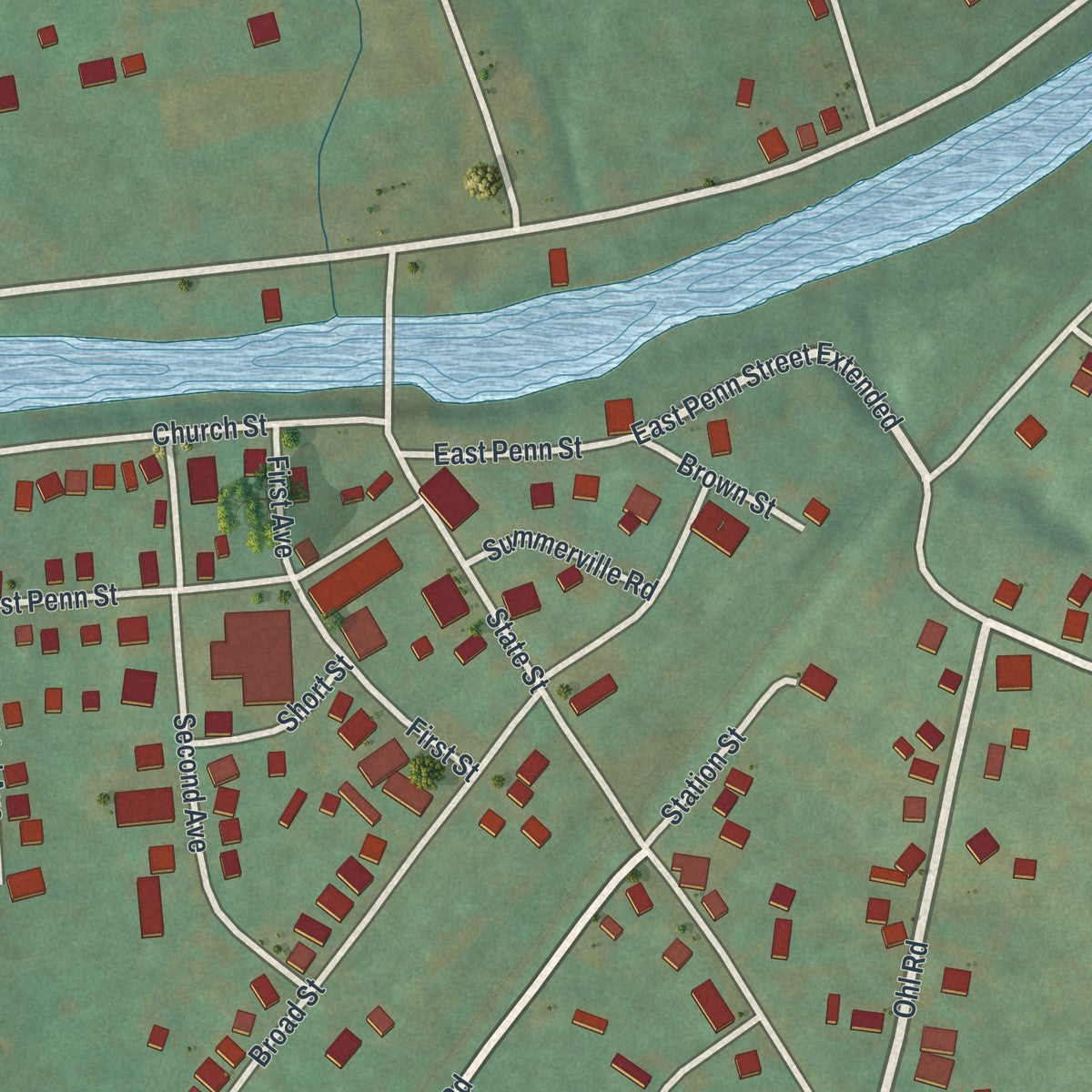 Close-up of the map of Summerville, Pennsylvania print showing street and building detail