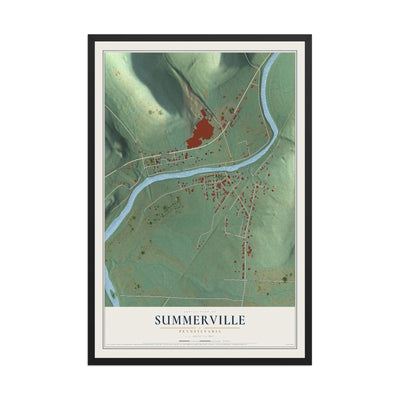 Map of Summerville, Pennsylvania, 12 x 18 inch print in a black wood frame