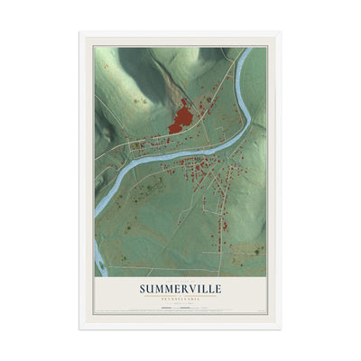 Map of Summerville, Pennsylvania, 12 x 18 inch print in a white wood frame