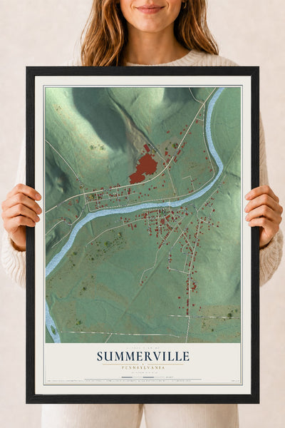 Map of Summerville, Pennsylvania, 18 x 24 inch print in a black wood frame