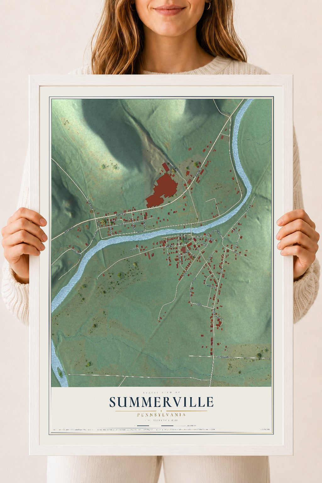 Map of Summerville, Pennsylvania, 18 x 24 inch print in a white wood frame
