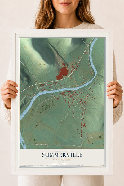 Map of Summerville, Pennsylvania, 18 x 24 inch print in a white wood frame