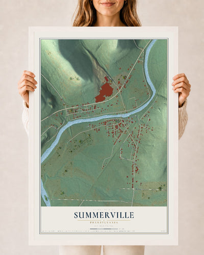 Map of Summerville, Pennsylvania, 24 x 36 inch print in a white wood frame