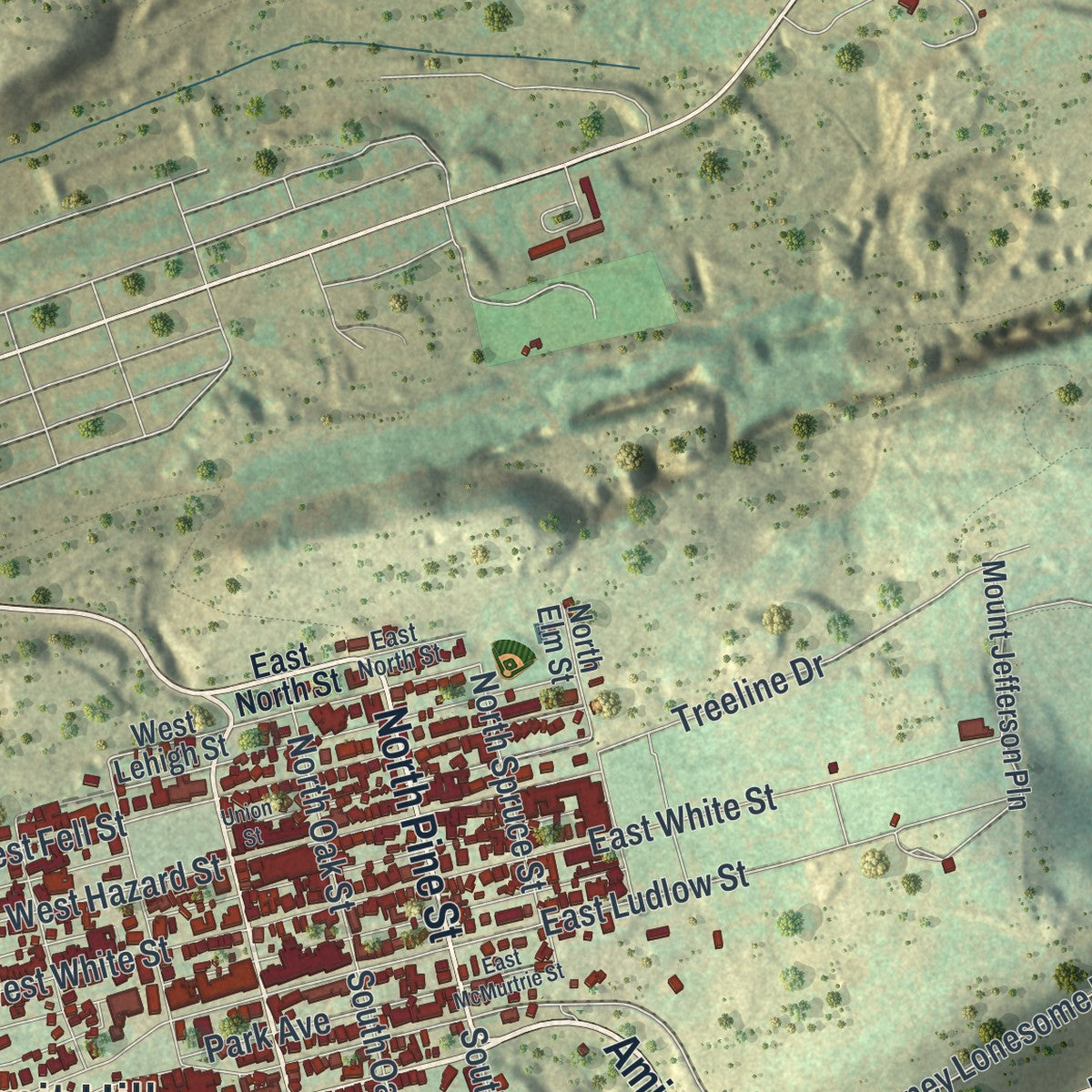 Close-up of the map of Summit Hill, Pennsylvania print showing street and building detail