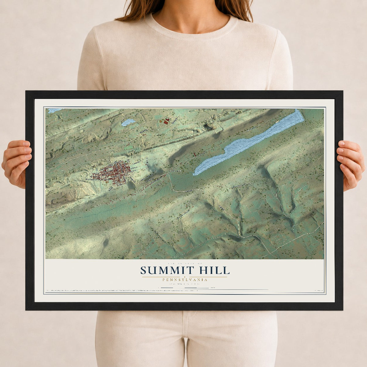 Map of Summit Hill, Pennsylvania, 12 x 18 inch print in a black wood frame