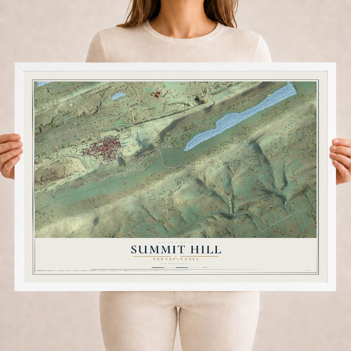 Map of Summit Hill, Pennsylvania, 18 x 24 inch print in a white wood frame