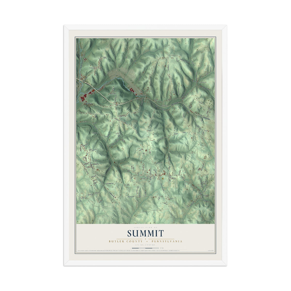 Map of Summit, Butler County, Pennsylvania, 12 x 18 inch print in a white wood frame