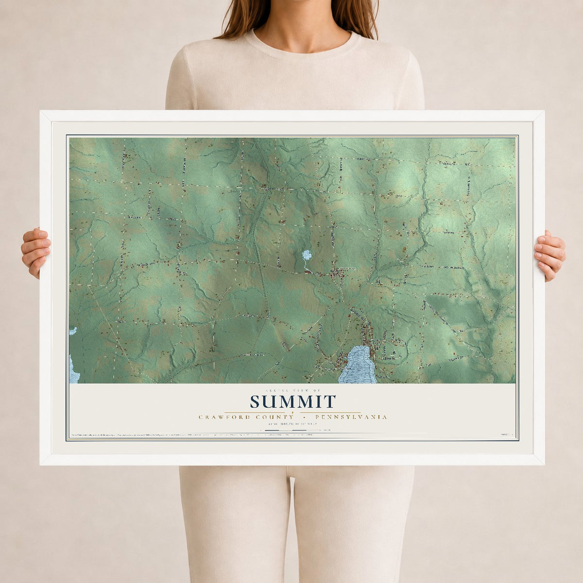 Map of Summit, Crawford County, Pennsylvania, 24 x 36 inch print in a white wood frame