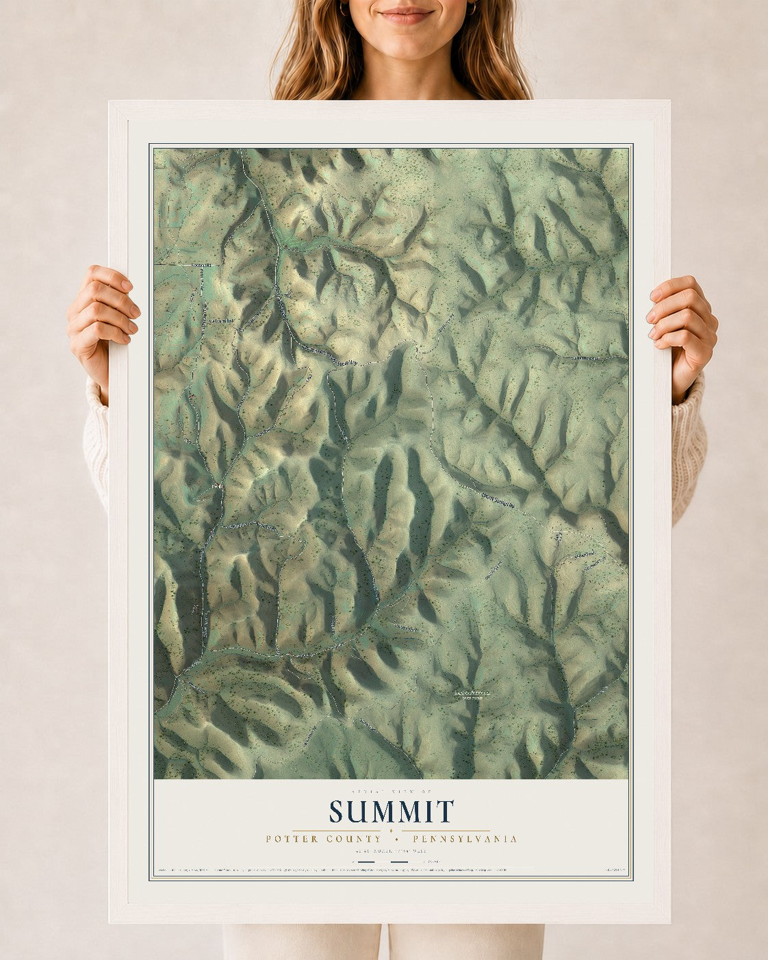 Map of Summit, Potter County, Pennsylvania, 24 x 36 inch print in a white wood frame