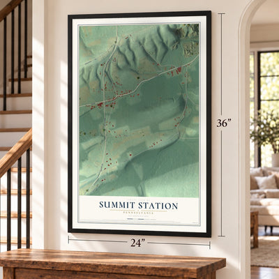 Summit Station, Pennsylvania map, 24 x 36 inch print in a black frame by a staircase