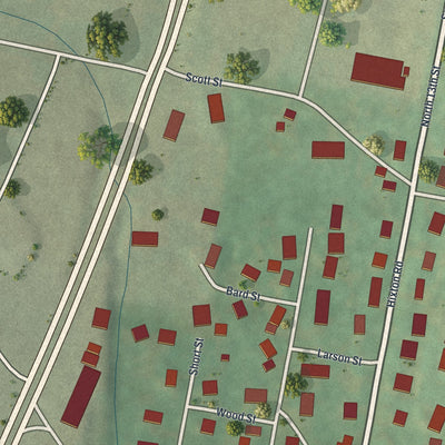Close-up of the map of Sunbrook, Pennsylvania print showing street and building detail