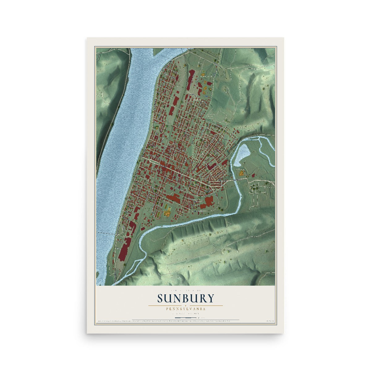 Map of Sunbury, Pennsylvania, 12 x 18 inch unframed archival matte print