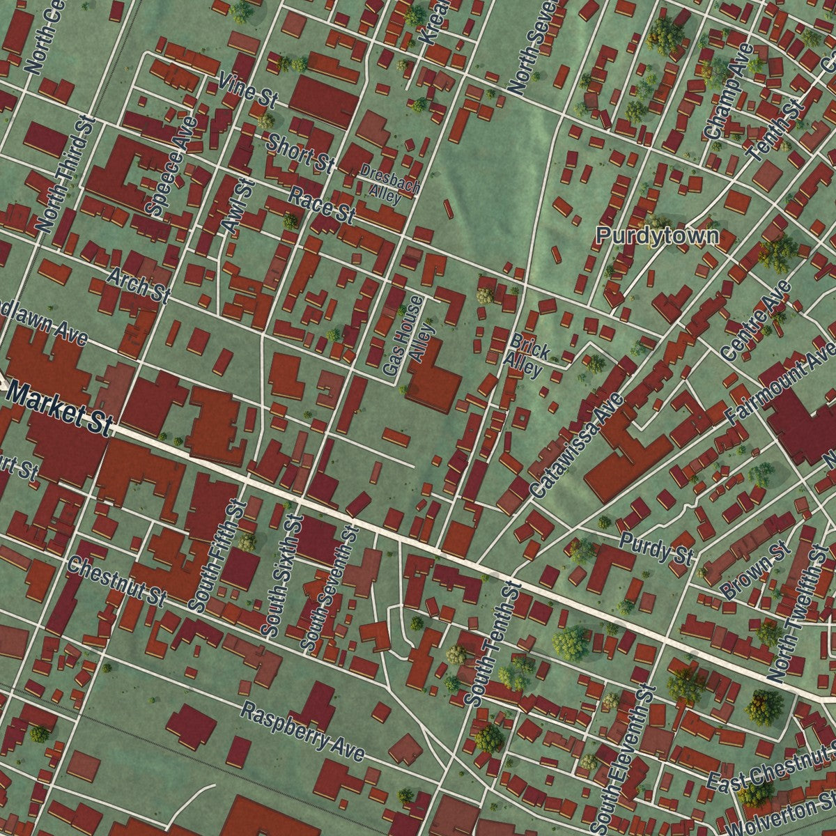 Close-up of the map of Sunbury, Pennsylvania print showing street and building detail