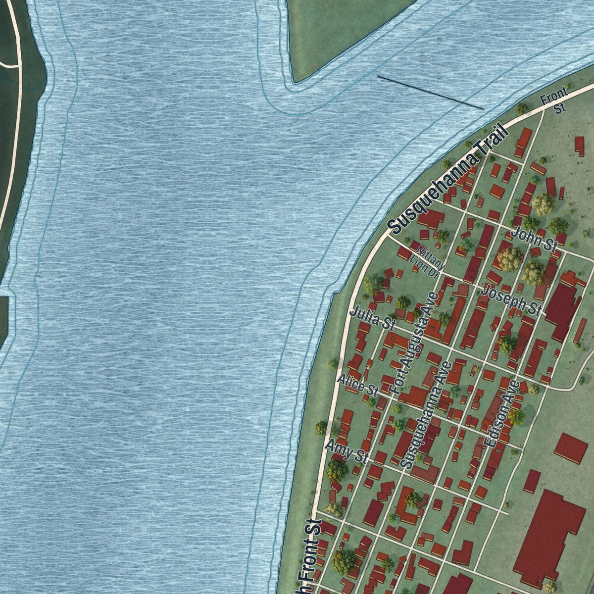 Second close-up of the map of Sunbury, Pennsylvania print showing more streets and buildings