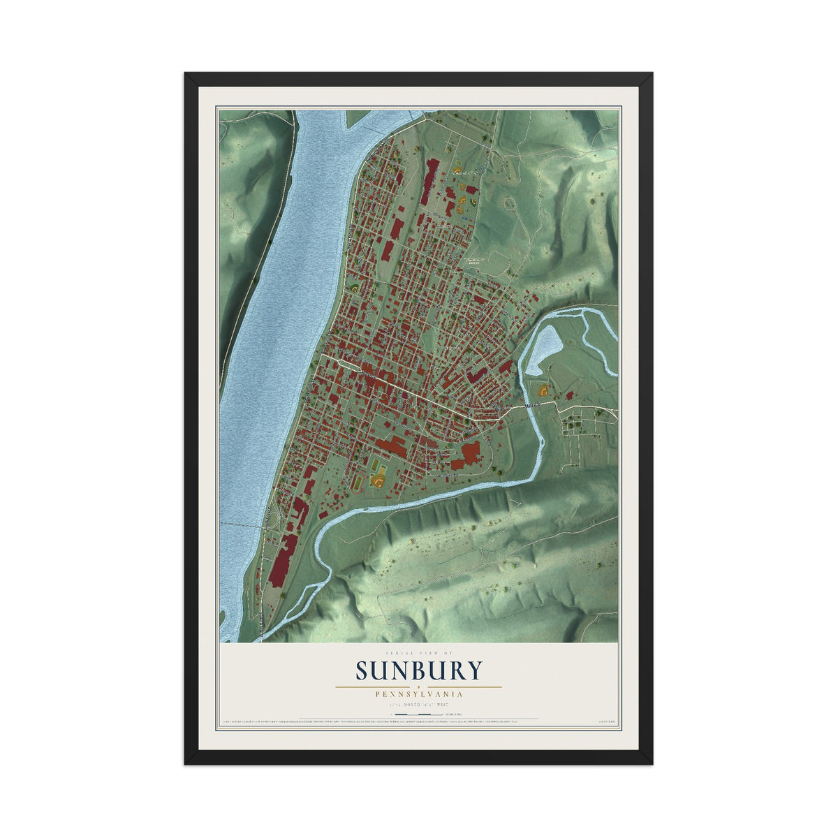 Map of Sunbury, Pennsylvania, 12 x 18 inch print in a black wood frame