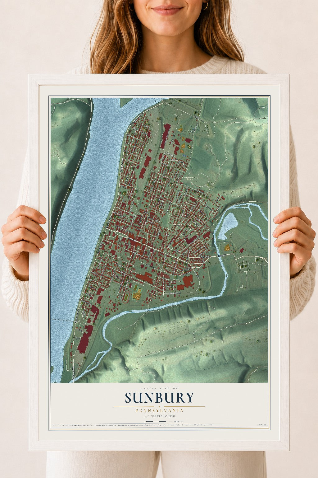 Map of Sunbury, Pennsylvania, 18 x 24 inch print in a white wood frame