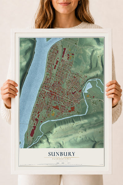 Map of Sunbury, Pennsylvania, 18 x 24 inch print in a white wood frame